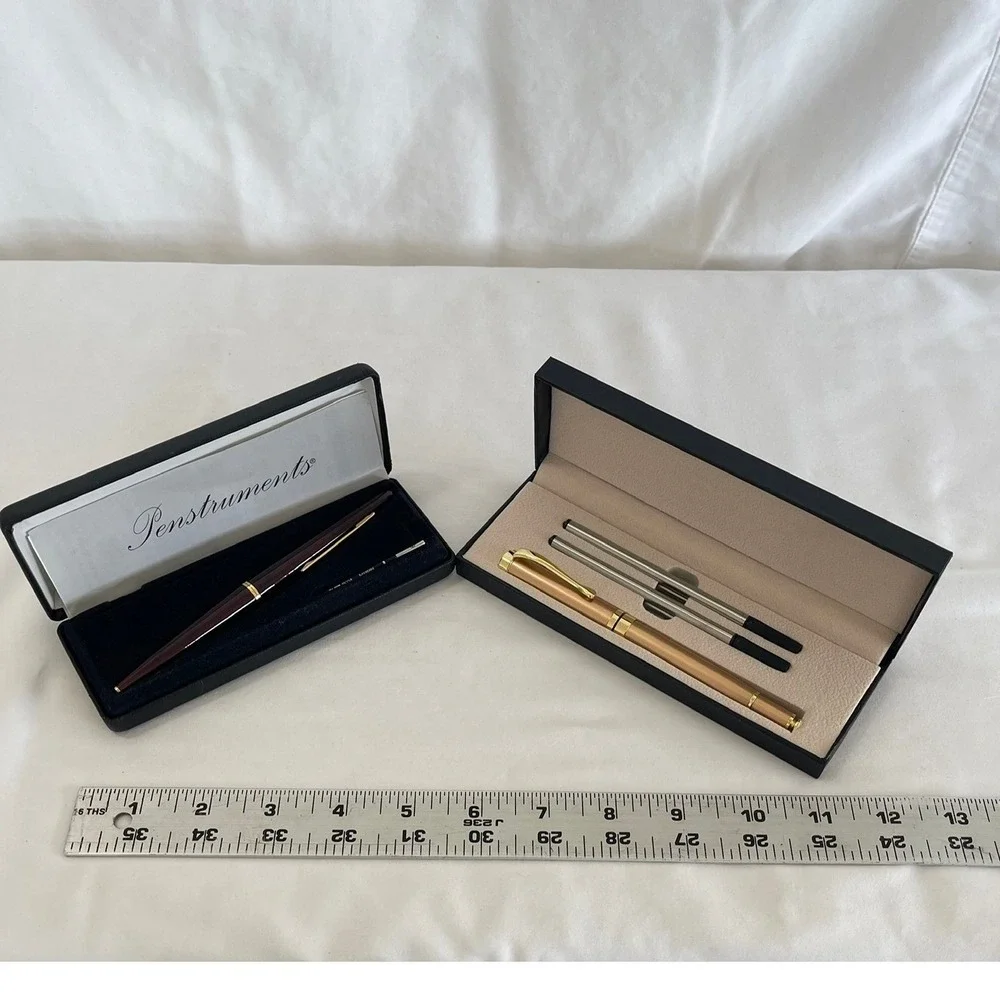 Vintage Penstruments Burgundy & Yivonka Rose Gold Ballpoint Pen Set with Cases